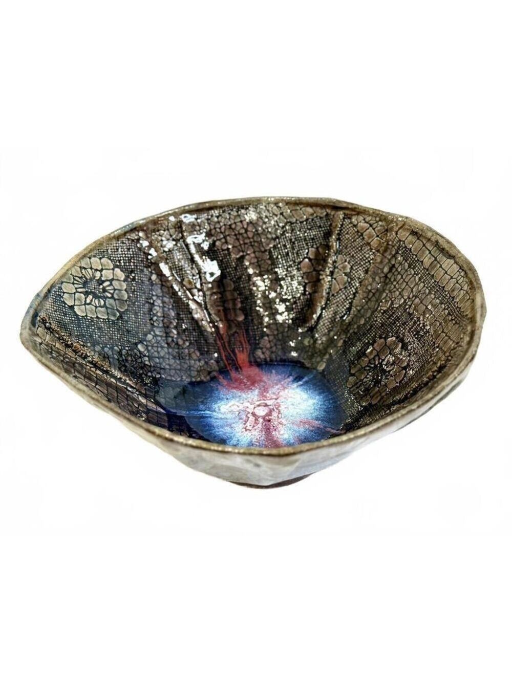 Handmade Lace Texture Studio Pottery Bowl Ceramic Centerpiece Blue Red Glaze